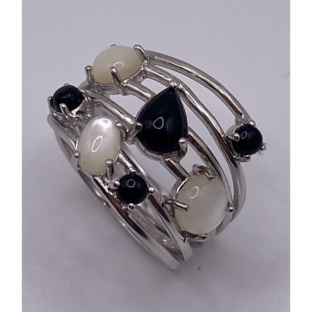 Vintage Singed ATI Athena Trading Sterling Silver Onyx & Mother Pearl Gemstone